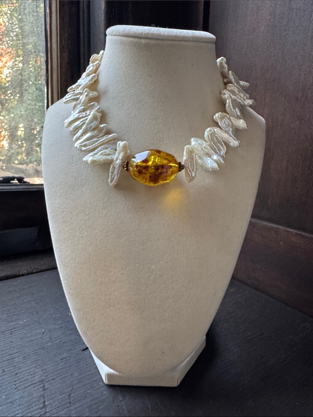 Large Biwa Freshwater Pearl Necklace Amber Center Bead Statement Baroque 14’